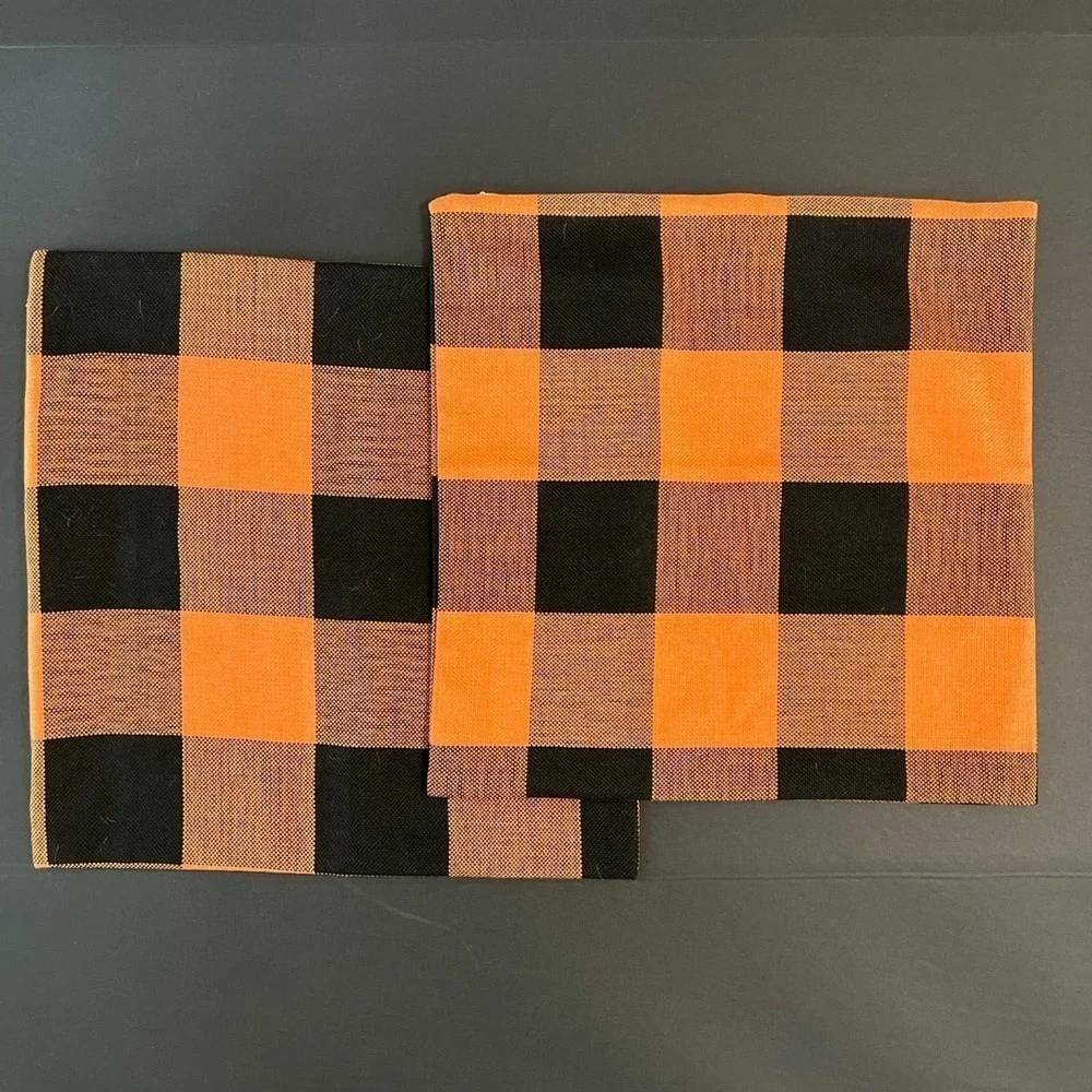 Set‎ 2 Halloween Fall Buffalo Plaid Check Orange Black Pillow Covers